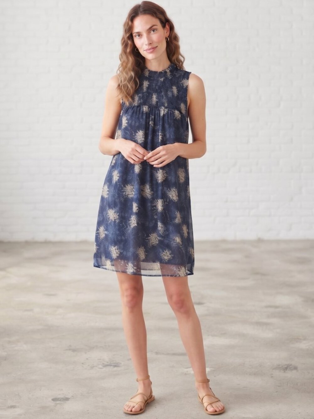 Joie Navy Blue Floral Chiffon Shirred Ruffle Babydoll Dress- L- MSRP $228+